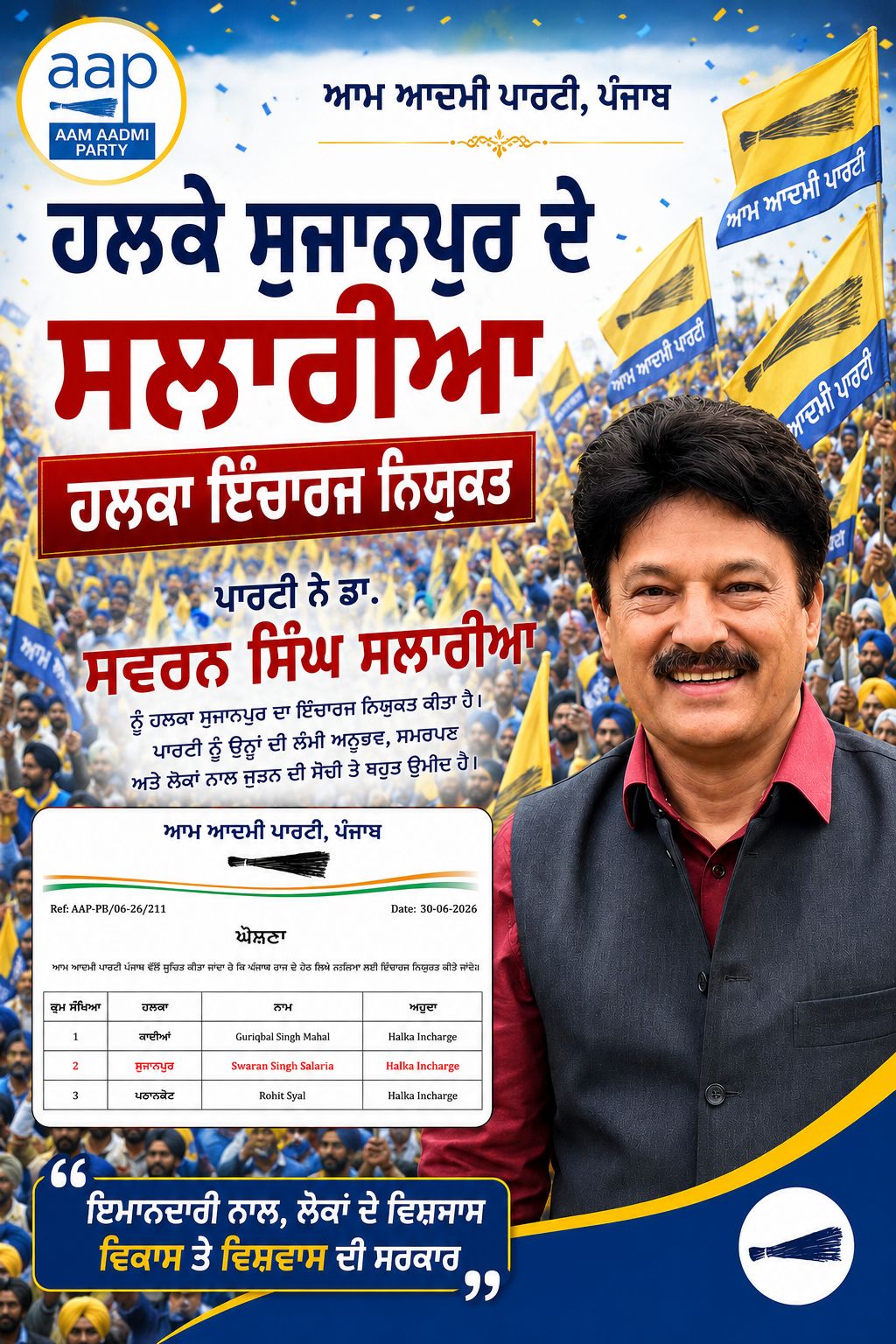 आम आदमी पार्टी ने हलका सुजानपुर के इंचार्ज की जिम्मेदारी स्वर्ण सिंह सलारिया को सौंपी